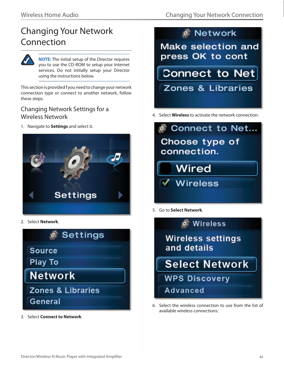 Changing your network connection, Changing network settings for a wireless network, Wireless home audio | Linksys Director / Wireless-N Music Player DMC250 User Manual | Page 51 / 73