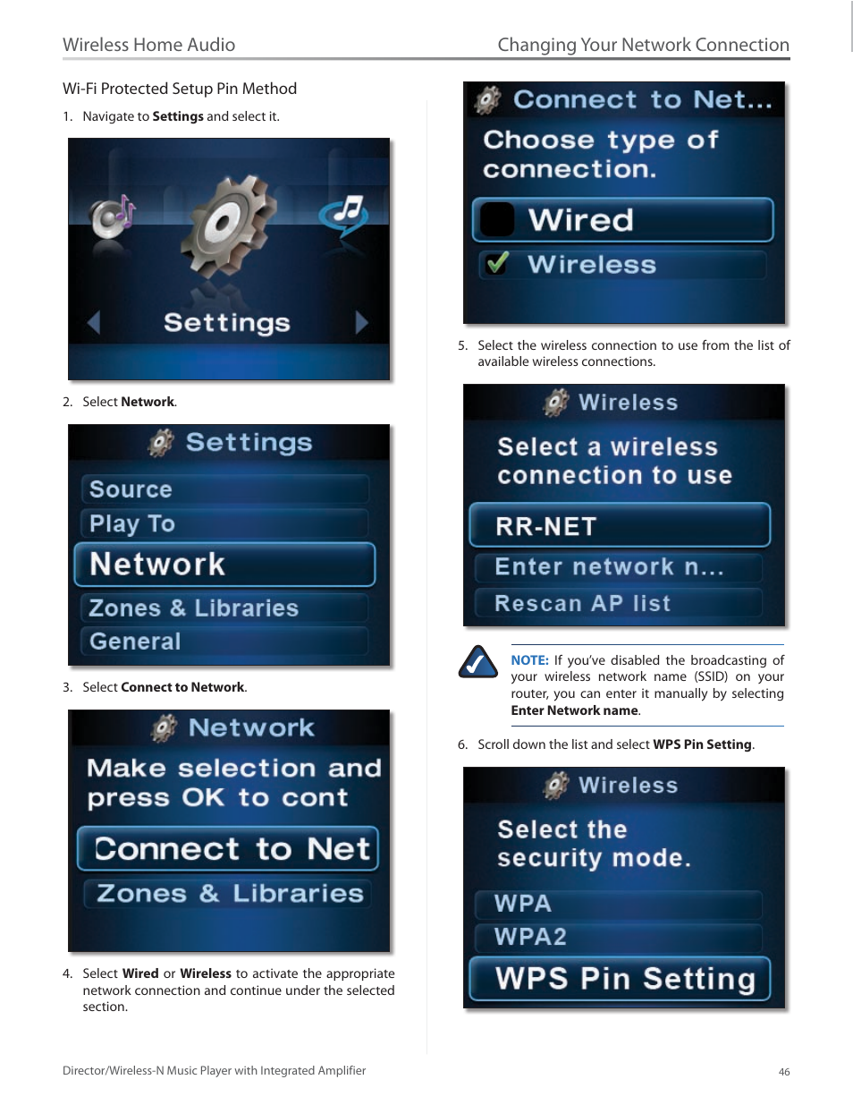Changing your network connection, Wireless home audio | Linksys Director / Wireless-N Music Player DMC250 User Manual | Page 53 / 73