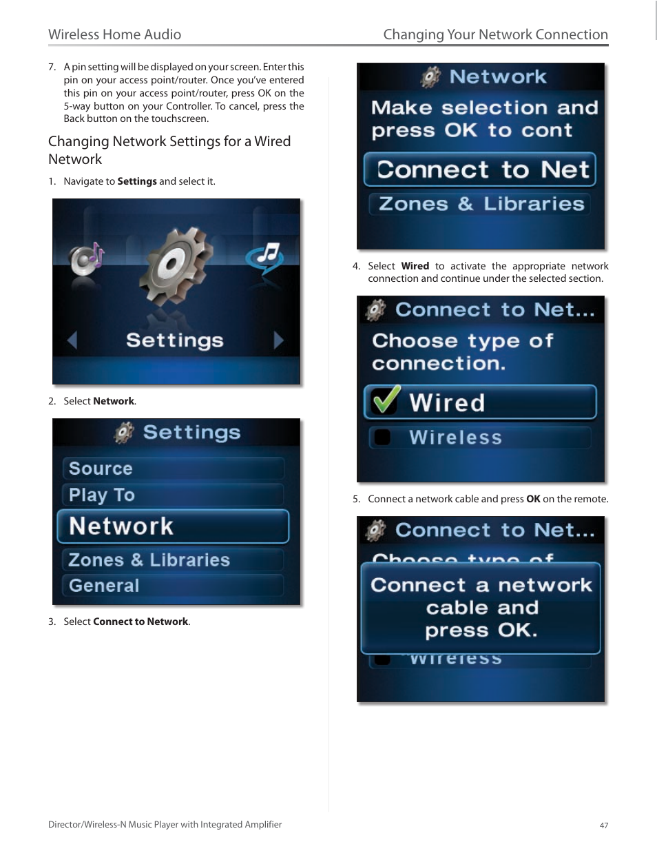 Changing network settings for a wired network, Changing your network connection, Wireless home audio | Linksys Director / Wireless-N Music Player DMC250 User Manual | Page 54 / 73