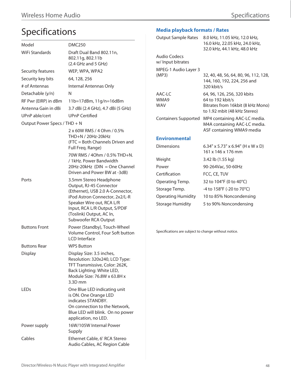 Specifications, Wireless home audio | Linksys Director / Wireless-N Music Player DMC250 User Manual | Page 55 / 73