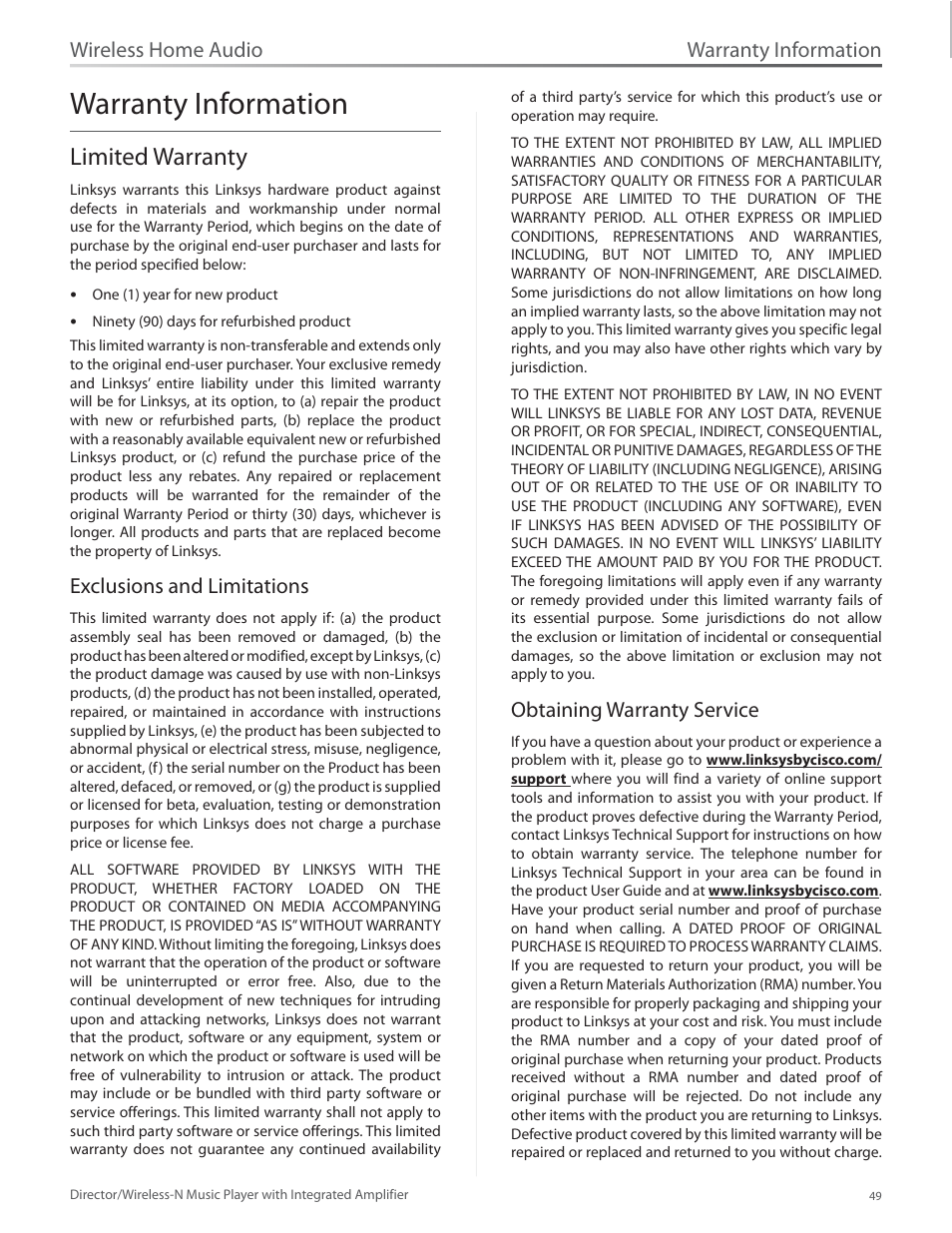 Warranty information, Limited warranty, Exclusions and limitations | Obtaining warranty service, Limited warranty 49, Wireless home audio | Linksys Director / Wireless-N Music Player DMC250 User Manual | Page 56 / 73