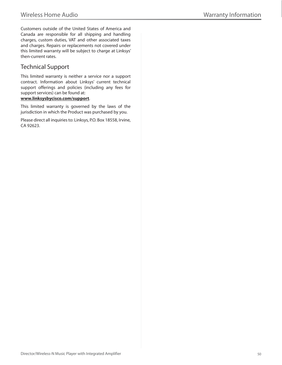 Technical support, Warranty information, Wireless home audio | Linksys Director / Wireless-N Music Player DMC250 User Manual | Page 57 / 73