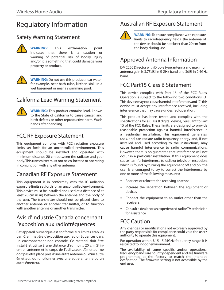 Regulatory information, Safety warning statement, California lead warning statement | Fcc rf exposure statement, Canadian rf exposure statement, Australian rf exposure statement, Approved antenna information, Fcc part15 class b statement, Fcc caution, Wireless home audio | Linksys Director / Wireless-N Music Player DMC250 User Manual | Page 58 / 73