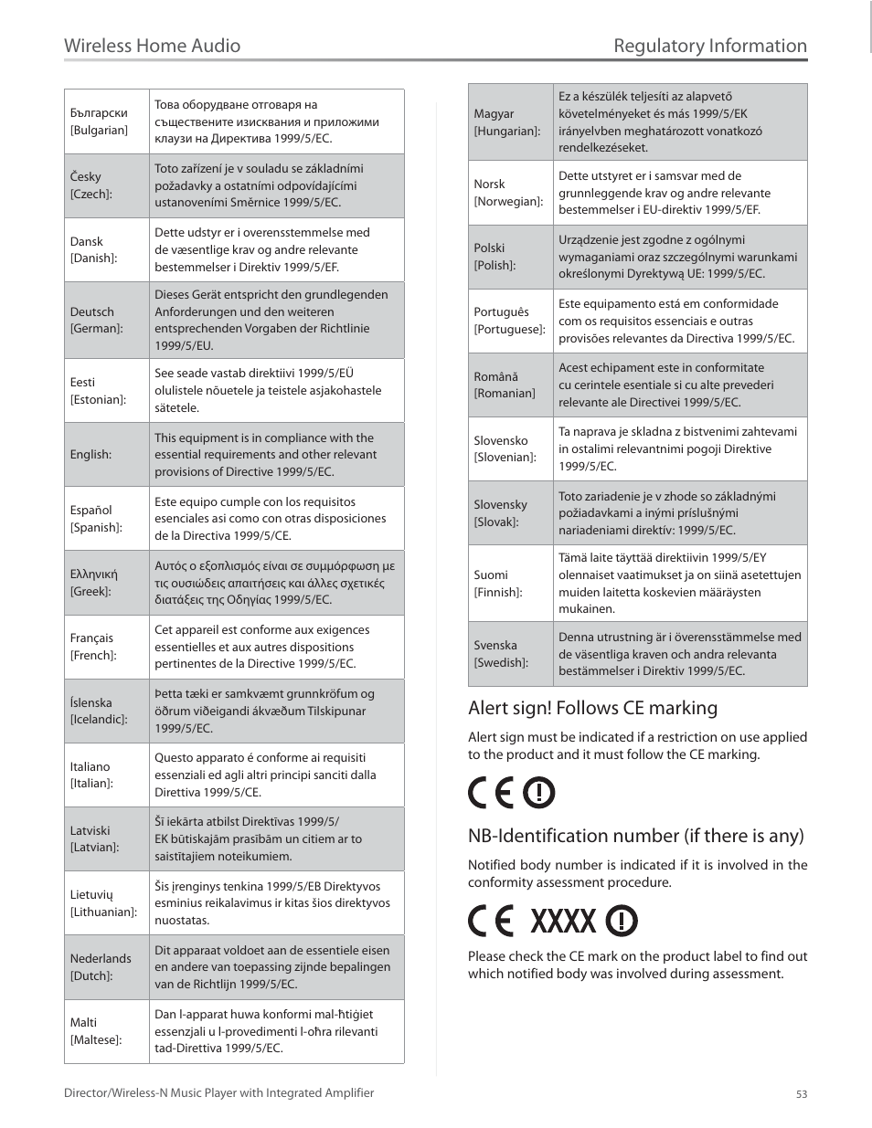 Alert sign! follows ce marking, Nb-identification number (if there is any), Regulatory information | Wireless home audio | Linksys Director / Wireless-N Music Player DMC250 User Manual | Page 60 / 73