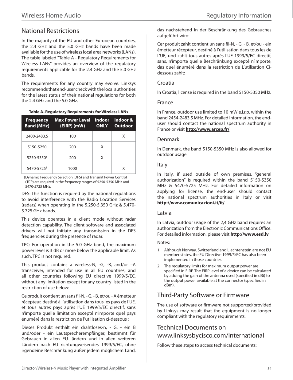 National restrictions, Third-party software or firmware, Regulatory information | Wireless home audio national restrictions | Linksys Director / Wireless-N Music Player DMC250 User Manual | Page 61 / 73