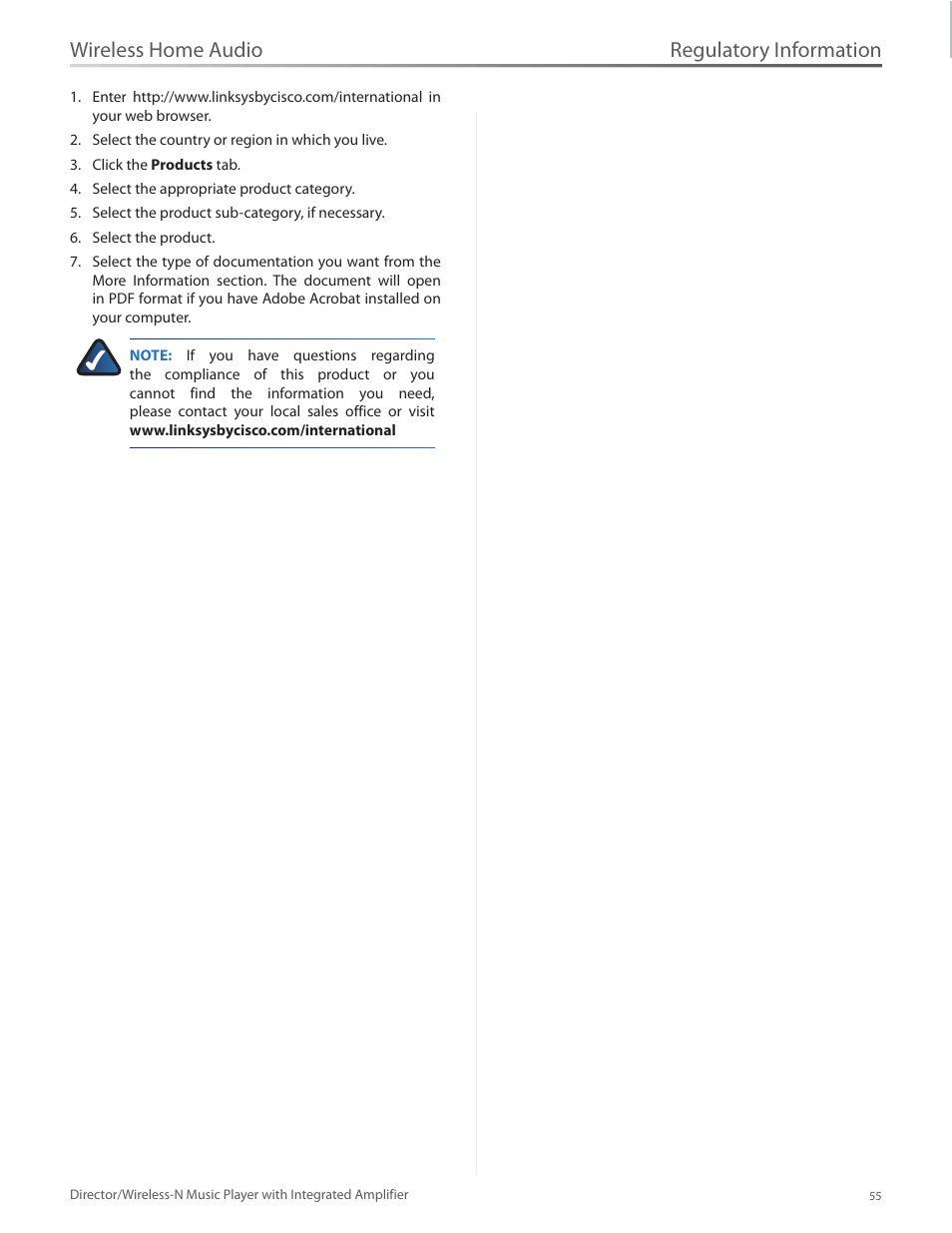 Regulatory information, Wireless home audio | Linksys Director / Wireless-N Music Player DMC250 User Manual | Page 62 / 73