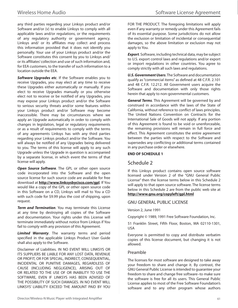 Schedule 2, Software license agreement, Wireless home audio | Linksys Director / Wireless-N Music Player DMC250 User Manual | Page 68 / 73