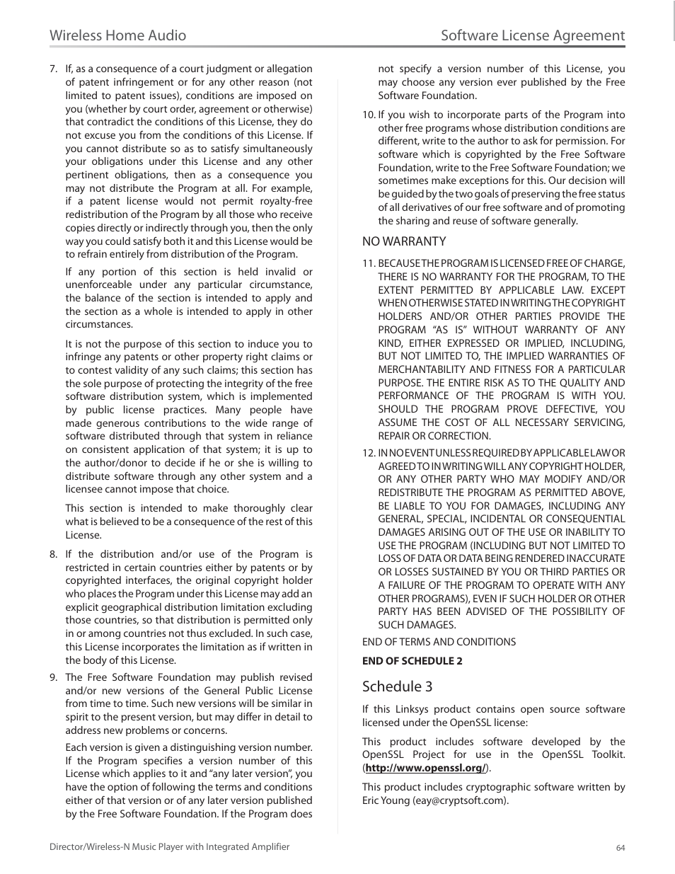 Schedule 3, Software license agreement, Wireless home audio | Linksys Director / Wireless-N Music Player DMC250 User Manual | Page 71 / 73
