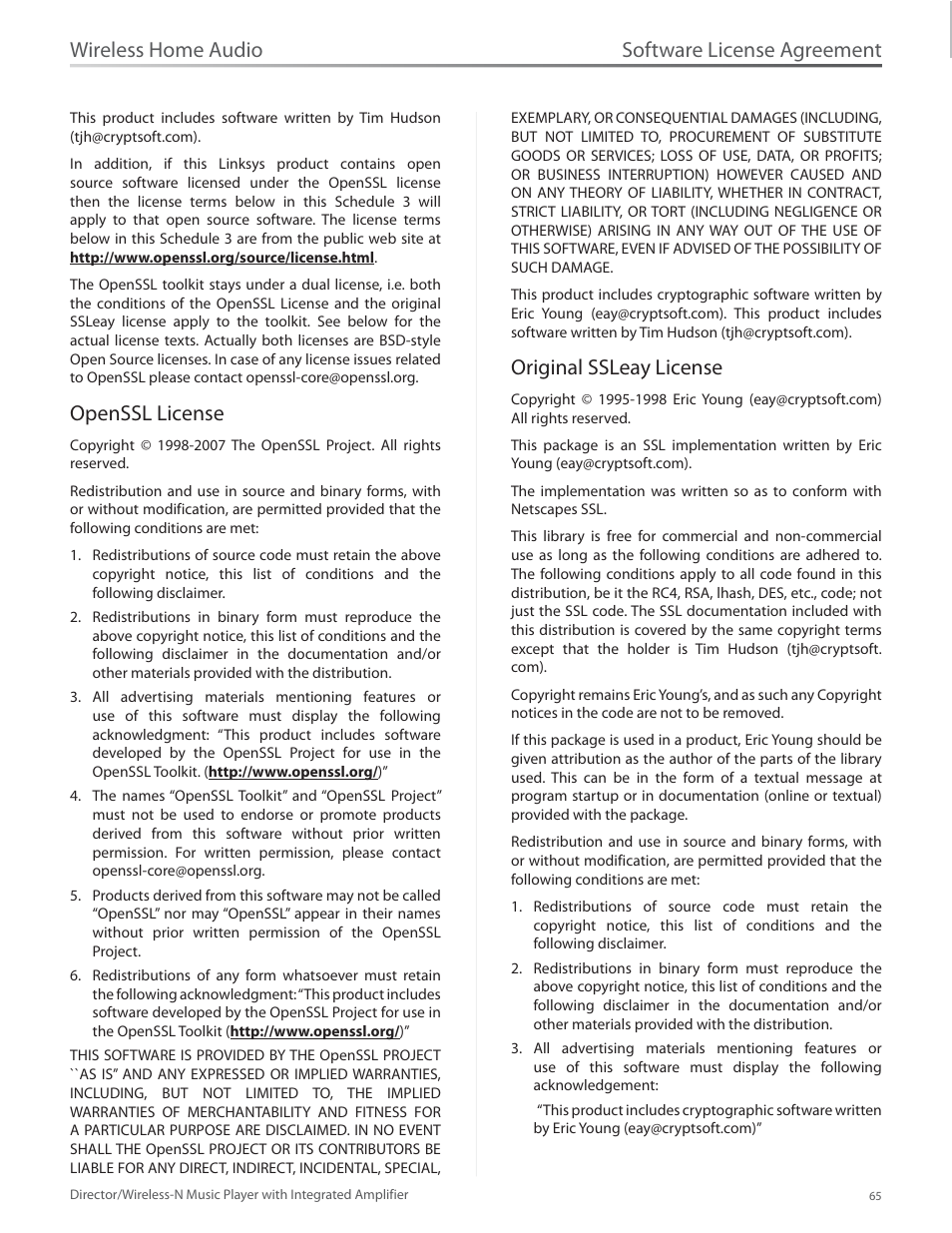 Openssl license, Original ssleay license, Openssl license original ssleay license | Software license agreement, Wireless home audio | Linksys Director / Wireless-N Music Player DMC250 User Manual | Page 72 / 73