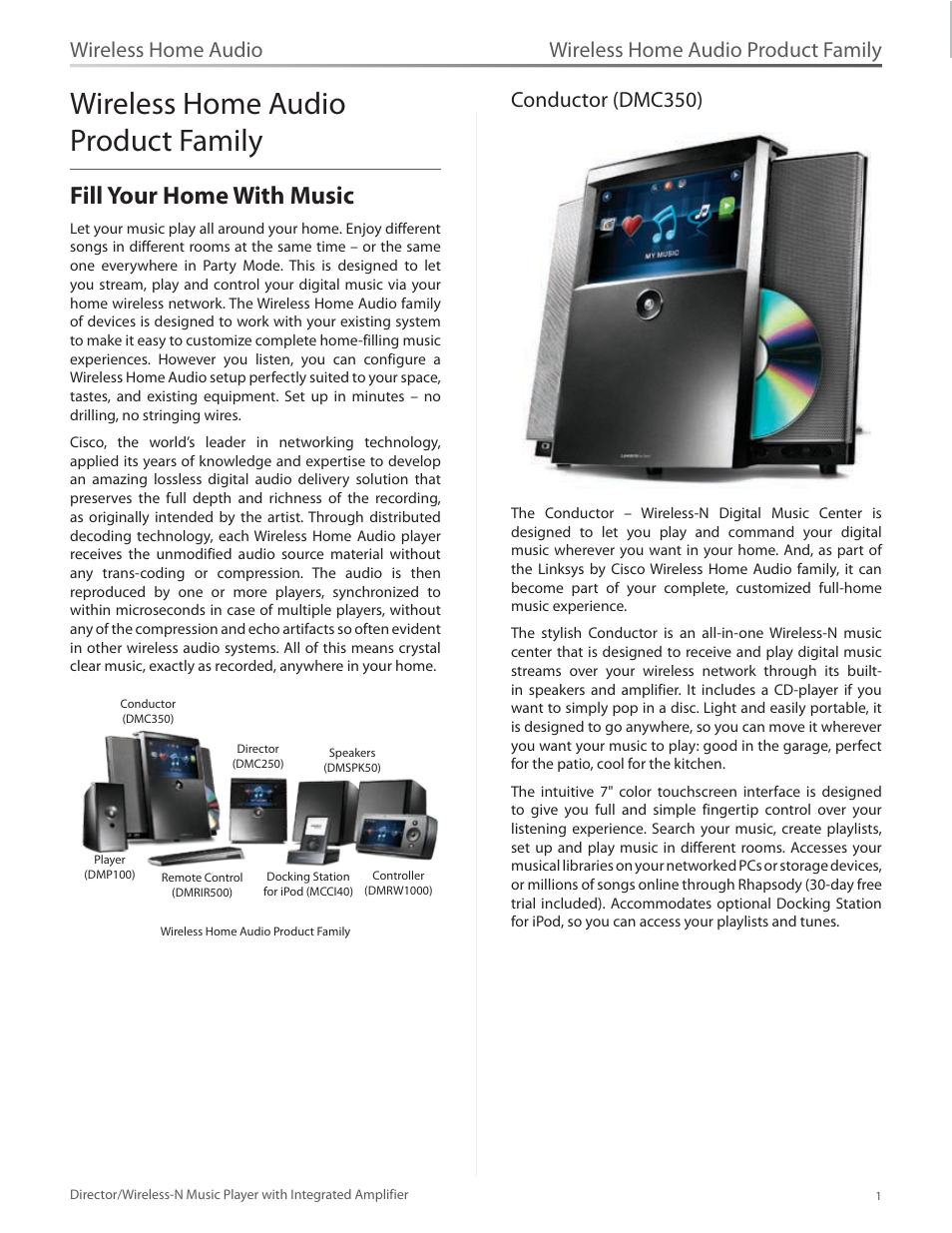 Wireless home audio product family, Fill your home with music, Conductor (dmc350) | Fill your home with music 1, Wireless home audio | Linksys Director / Wireless-N Music Player DMC250 User Manual | Page 8 / 73