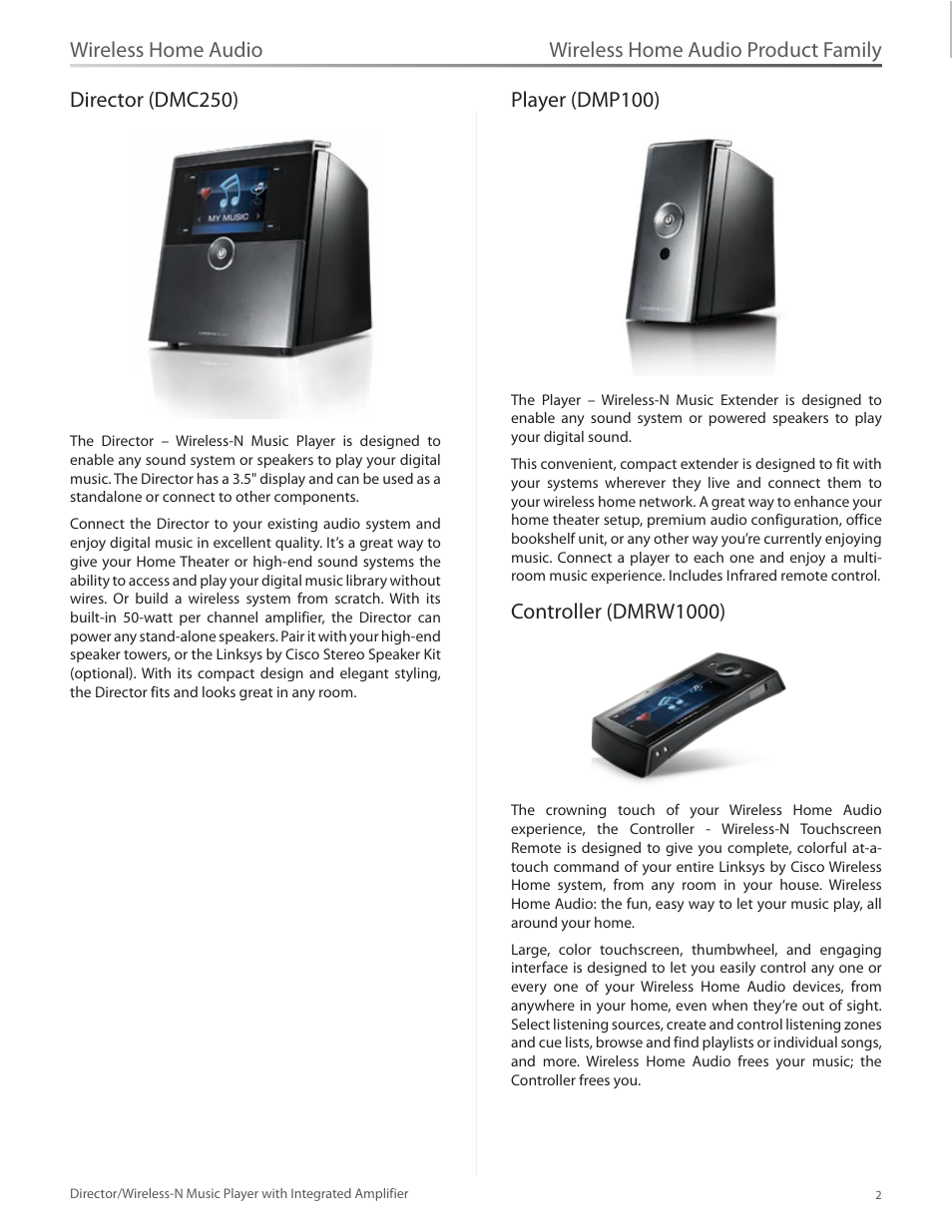 Director (dmc250), Player (dmp100), Controller (dmrw1000) | Wireless home audio product family, Wireless home audio director (dmc250) | Linksys Director / Wireless-N Music Player DMC250 User Manual | Page 9 / 73