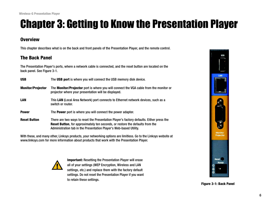 Chapter 3: getting to know the presentation player, Overview, The back panel | Linksys WPG54G User Manual | Page 12 / 56