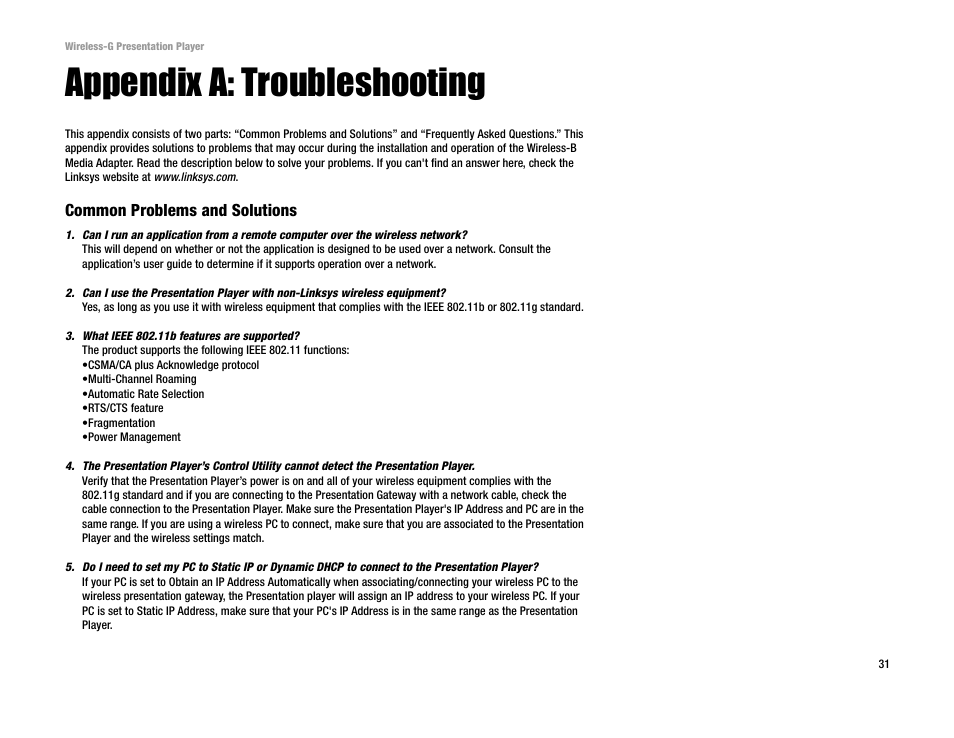 Appendix a: troubleshooting | Linksys WPG54G User Manual | Page 37 / 56