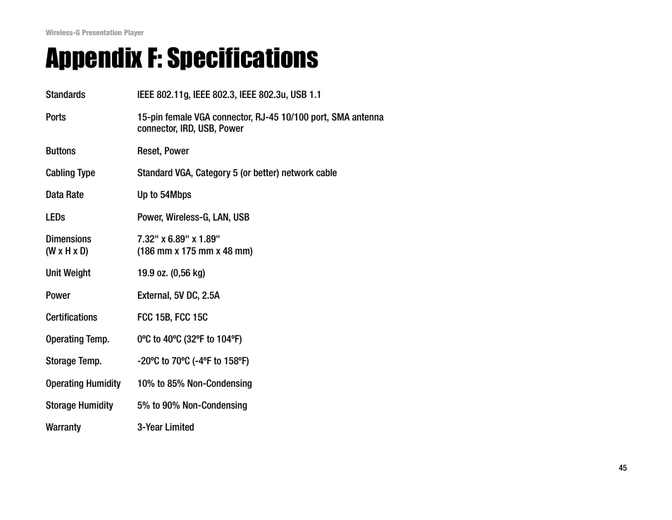 Appendix f: specifications | Linksys WPG54G User Manual | Page 52 / 56
