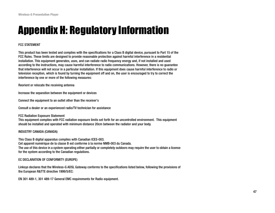 Appendix h: regulatory information | Linksys WPG54G User Manual | Page 54 / 56