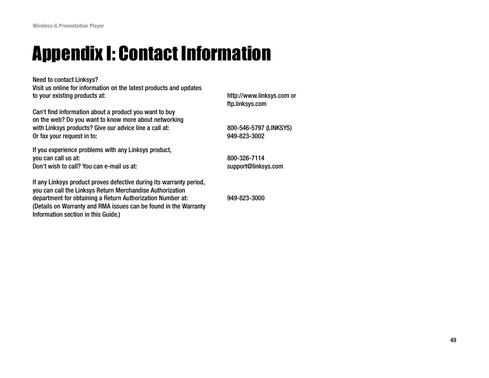 Appendix i: contact information | Linksys WPG54G User Manual | Page 56 / 56
