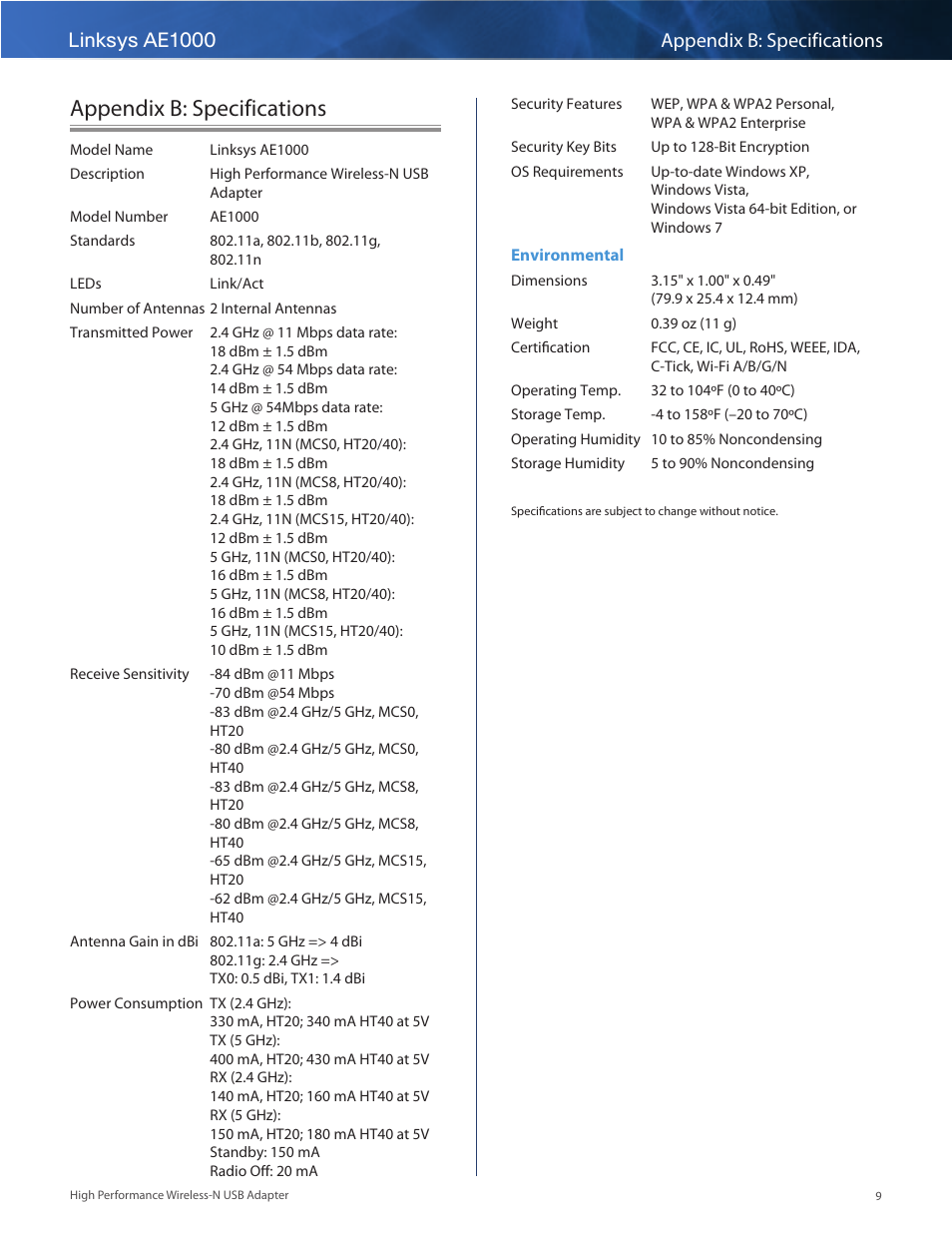 Appendix b: specifications, Linksys ae1000 appendix b: specifications | Linksys AE1000 User Manual | Page 11 / 31