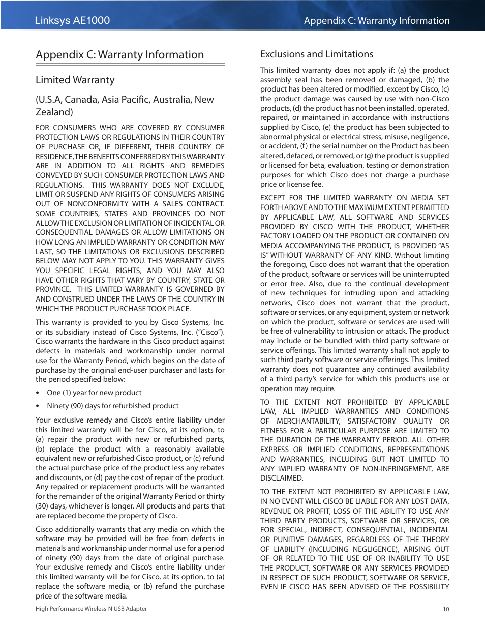 Appendix c: warranty information, Limited warranty, Limited warranty 10 | Linksys ae1000 appendix c: warranty information, Exclusions and limitations | Linksys AE1000 User Manual | Page 12 / 31