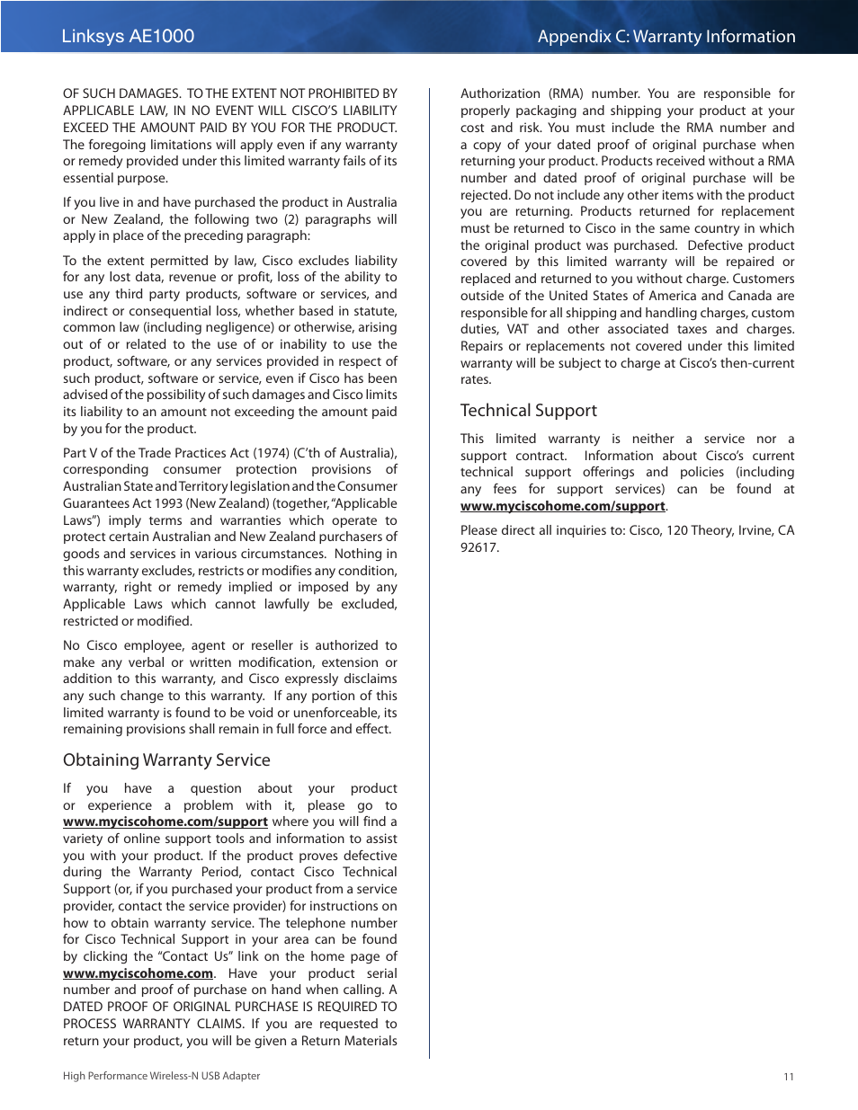 Linksys ae1000 appendix c: warranty information, Obtaining warranty service, Technical support | Linksys AE1000 User Manual | Page 13 / 31