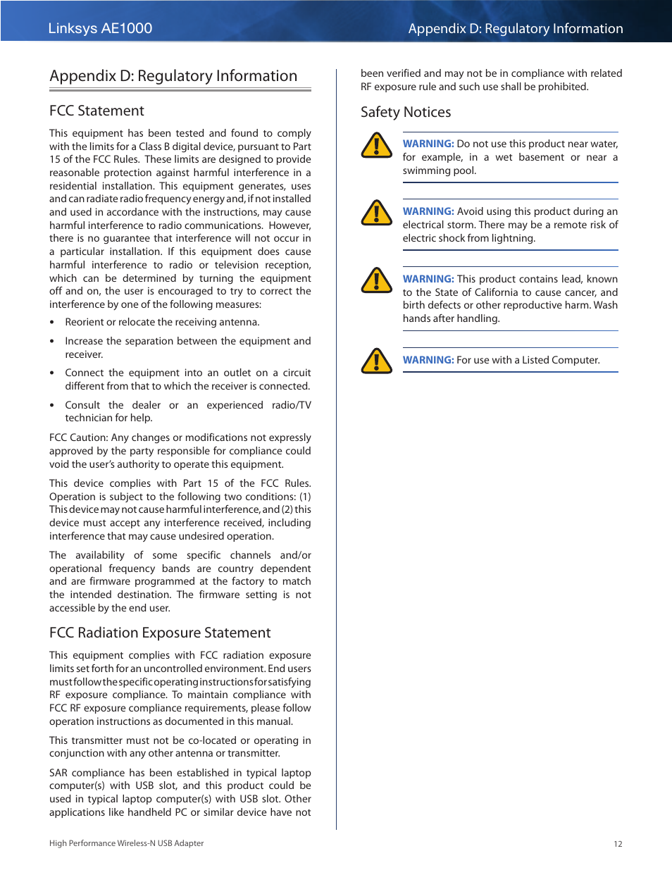Appendix d: regulatory information, Fcc statement, Fcc radiation exposure statement | Safety notices, Linksys ae1000 appendix d: regulatory information | Linksys AE1000 User Manual | Page 14 / 31