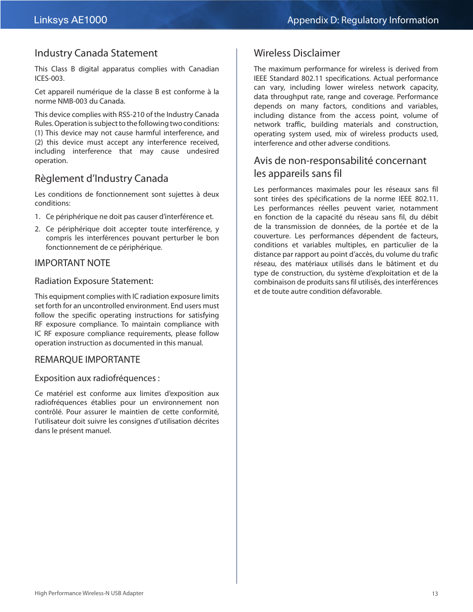 Industry canada statement, Règlement d’industry canada, Wireless disclaimer | Linksys ae1000 appendix d: regulatory information, Remarque importante | Linksys AE1000 User Manual | Page 15 / 31
