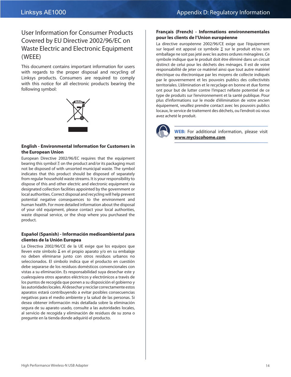 Electric and electronic equipment (weee) 14, Linksys ae1000 appendix d: regulatory information | Linksys AE1000 User Manual | Page 16 / 31