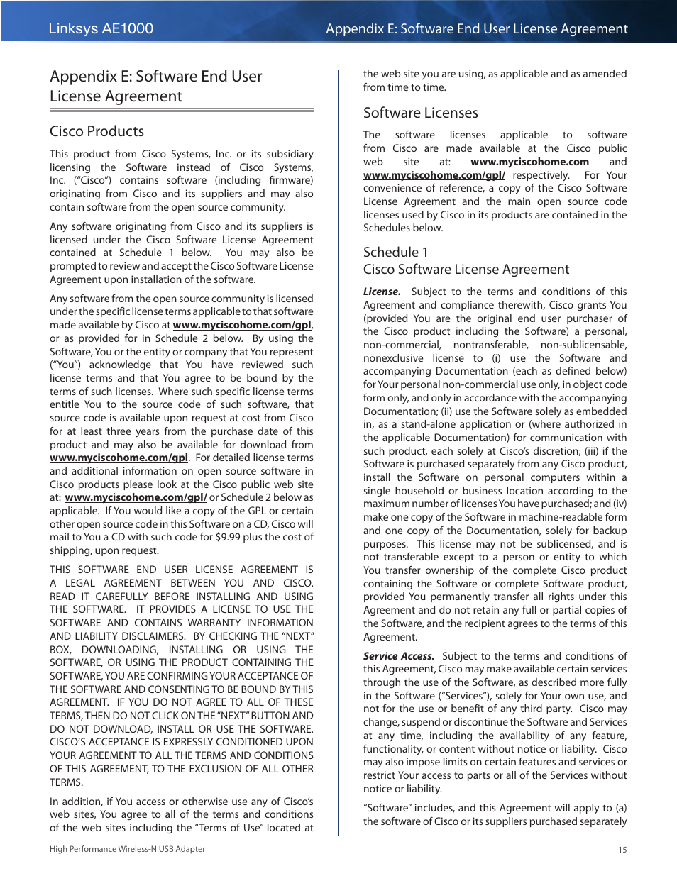 Appendix e: software end user license agreement, Cisco products, Software licenses | Cisco products 15 software licenses 15, Schedule 1 cisco software license agreement | Linksys AE1000 User Manual | Page 17 / 31