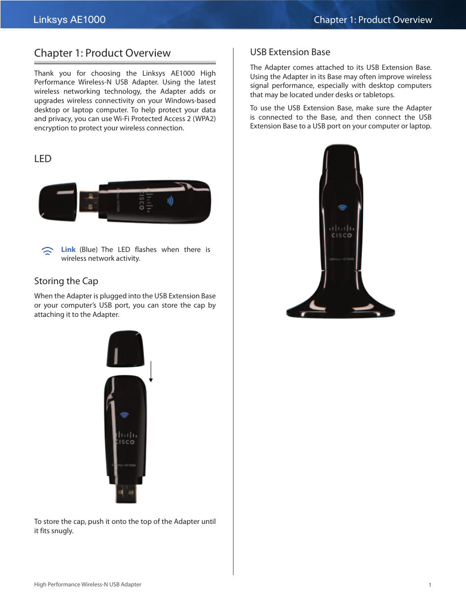 Chapter 1: product overview, Led 1, Storing the cap | Usb extension base | Linksys AE1000 User Manual | Page 3 / 31