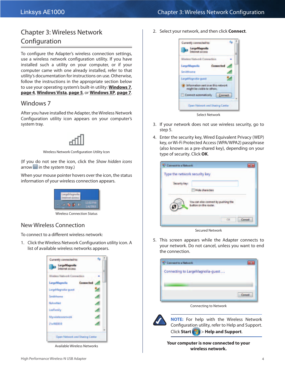 Chapter 3: wireless network configuration, Windows 7, Windows 7 4 | New wireless connection | Linksys AE1000 User Manual | Page 6 / 31