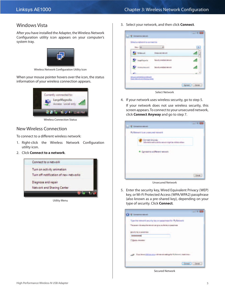 Windows vista, Windows vista 5, New wireless connection | Linksys AE1000 User Manual | Page 7 / 31