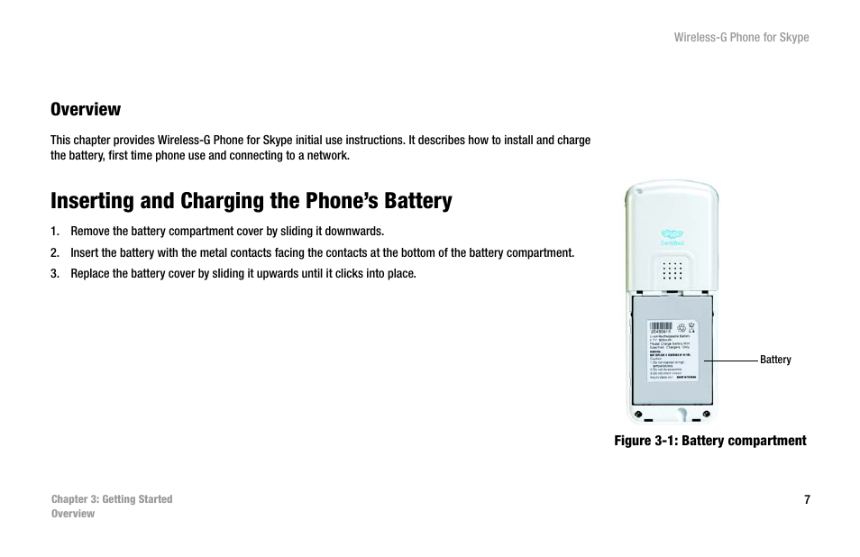 Chapter 3: getting started, Overview, Inserting and charging the phone’s battery | Linksys iPhone WIP320 User Manual | Page 14 / 81