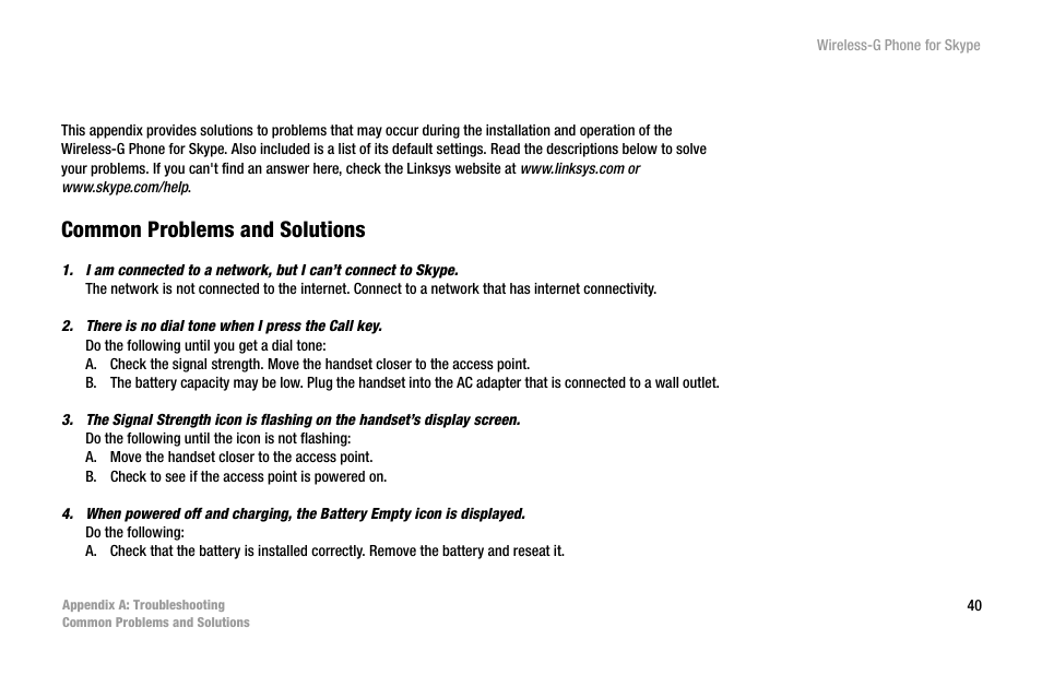 Appendix a: troubleshooting, Common problems and solutions | Linksys iPhone WIP320 User Manual | Page 47 / 81