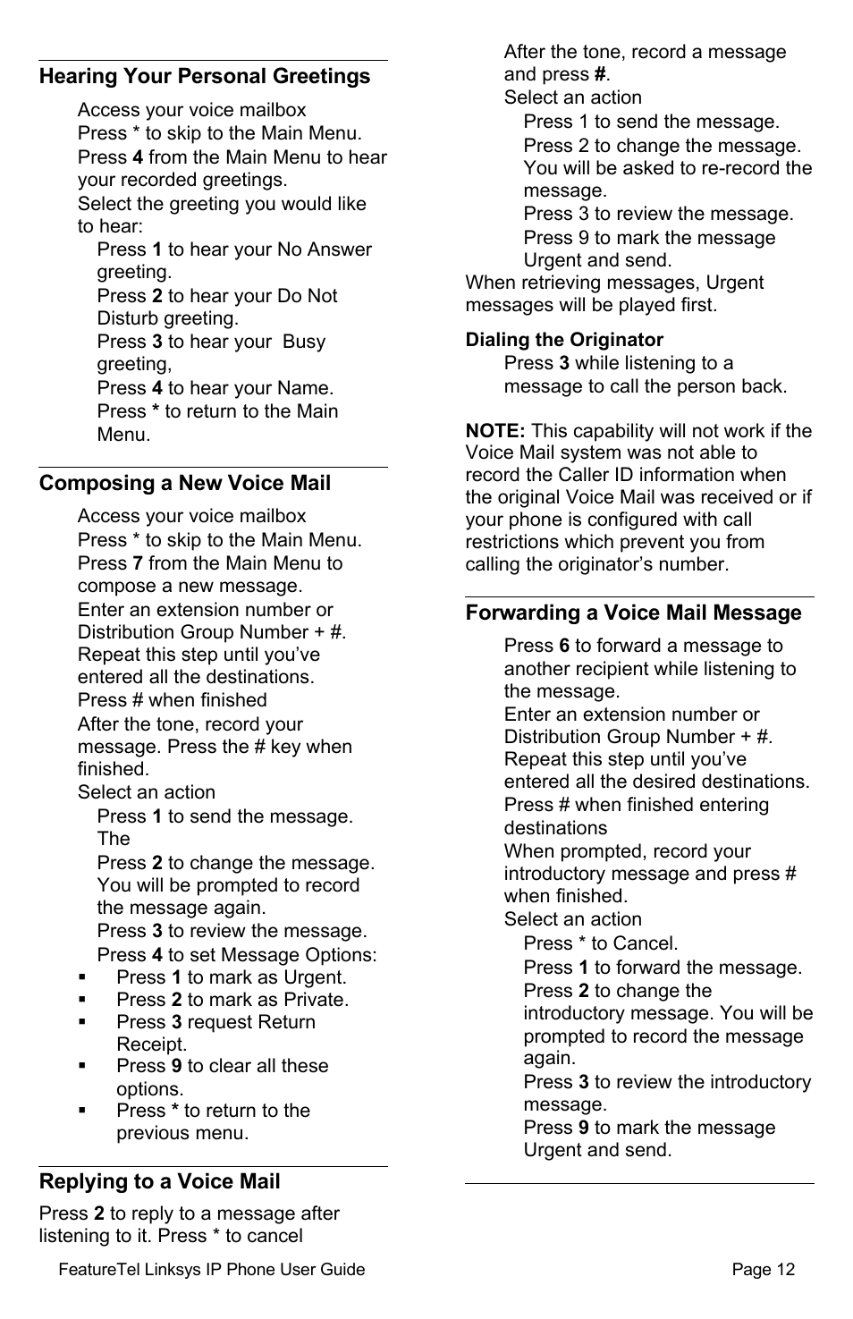 Hearing your personal greetings, Composing a new voice mail, Replying to a voice mail | Dialing the originator, Forwarding a voice mail message | Linksys SPA941/SPA942 User Manual | Page 12 / 14