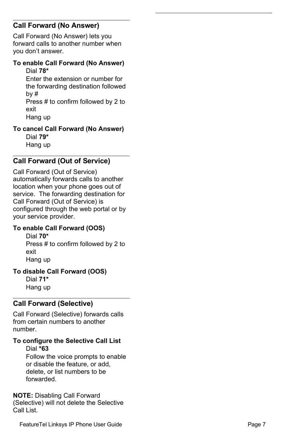 Call forward (no answer), To enable call forward (no answer), To cancel call forward (no answer) | Call forward (out of service), To enable call forward (oos), To disable call forward (oos), Call forward (selective), To configure the selective call list | Linksys SPA941/SPA942 User Manual | Page 7 / 14