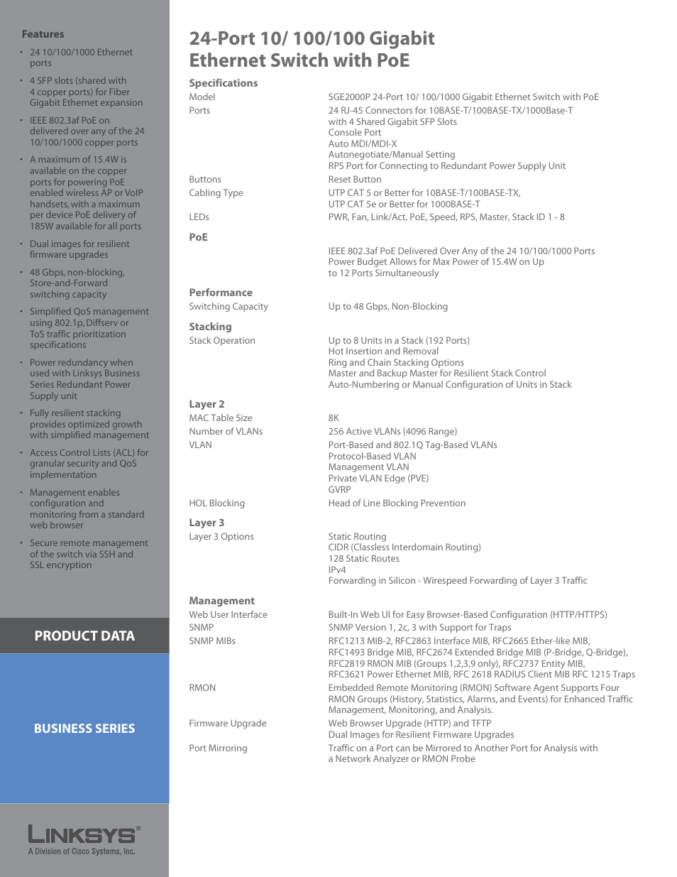 Product data, Business series | Linksys SGE2000P User Manual | Page 2 / 4