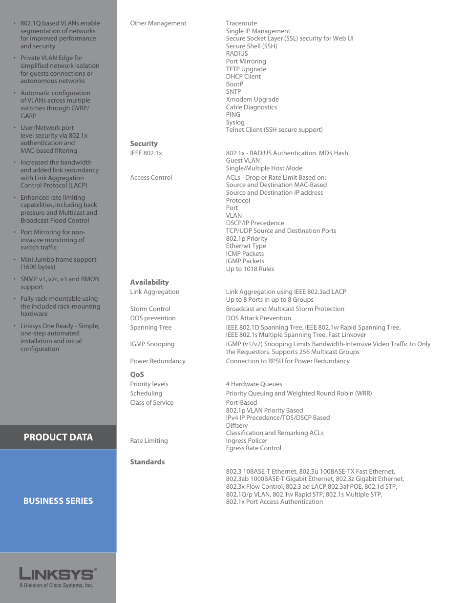 Product data, Business series | Linksys SGE2000P User Manual | Page 3 / 4