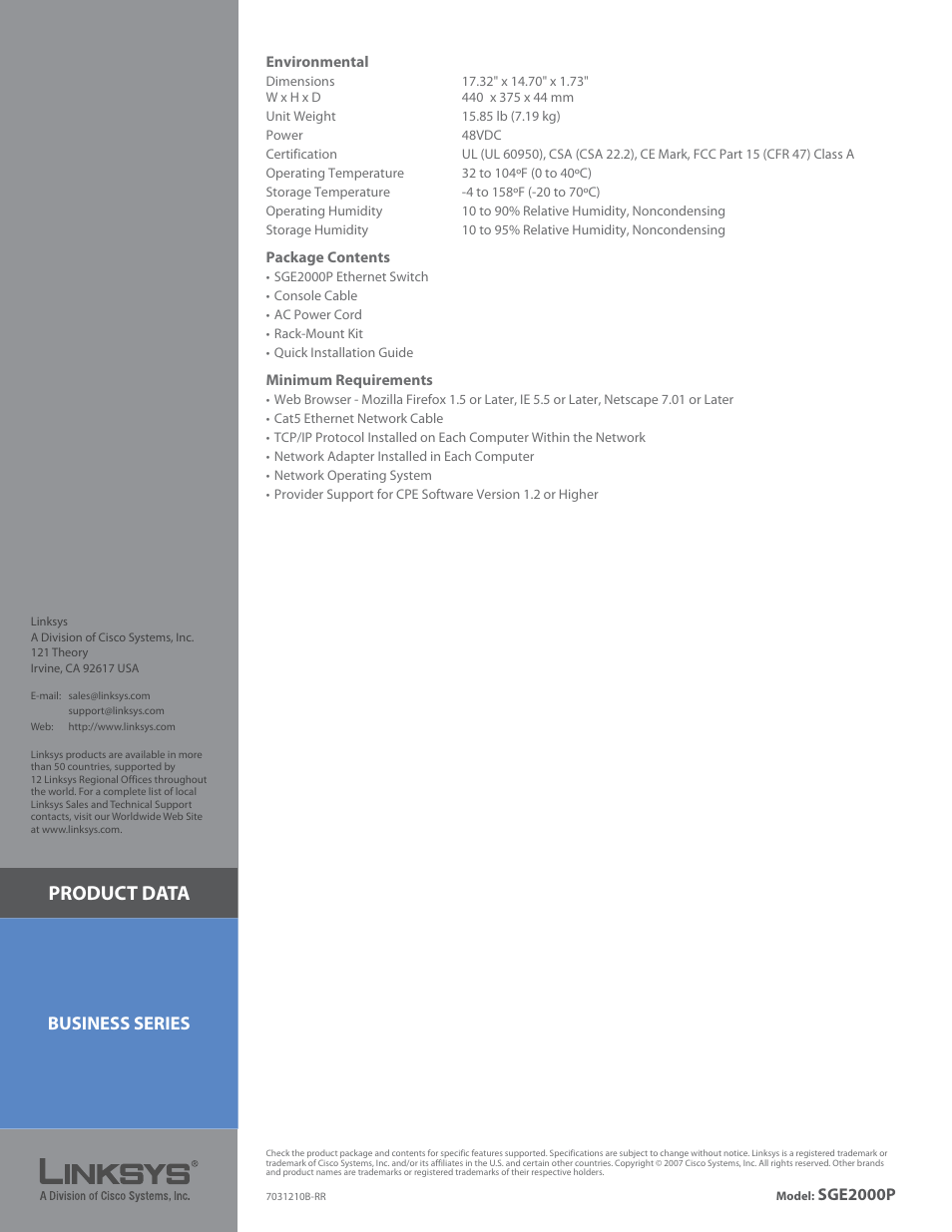 Product data, Business series | Linksys SGE2000P User Manual | Page 4 / 4