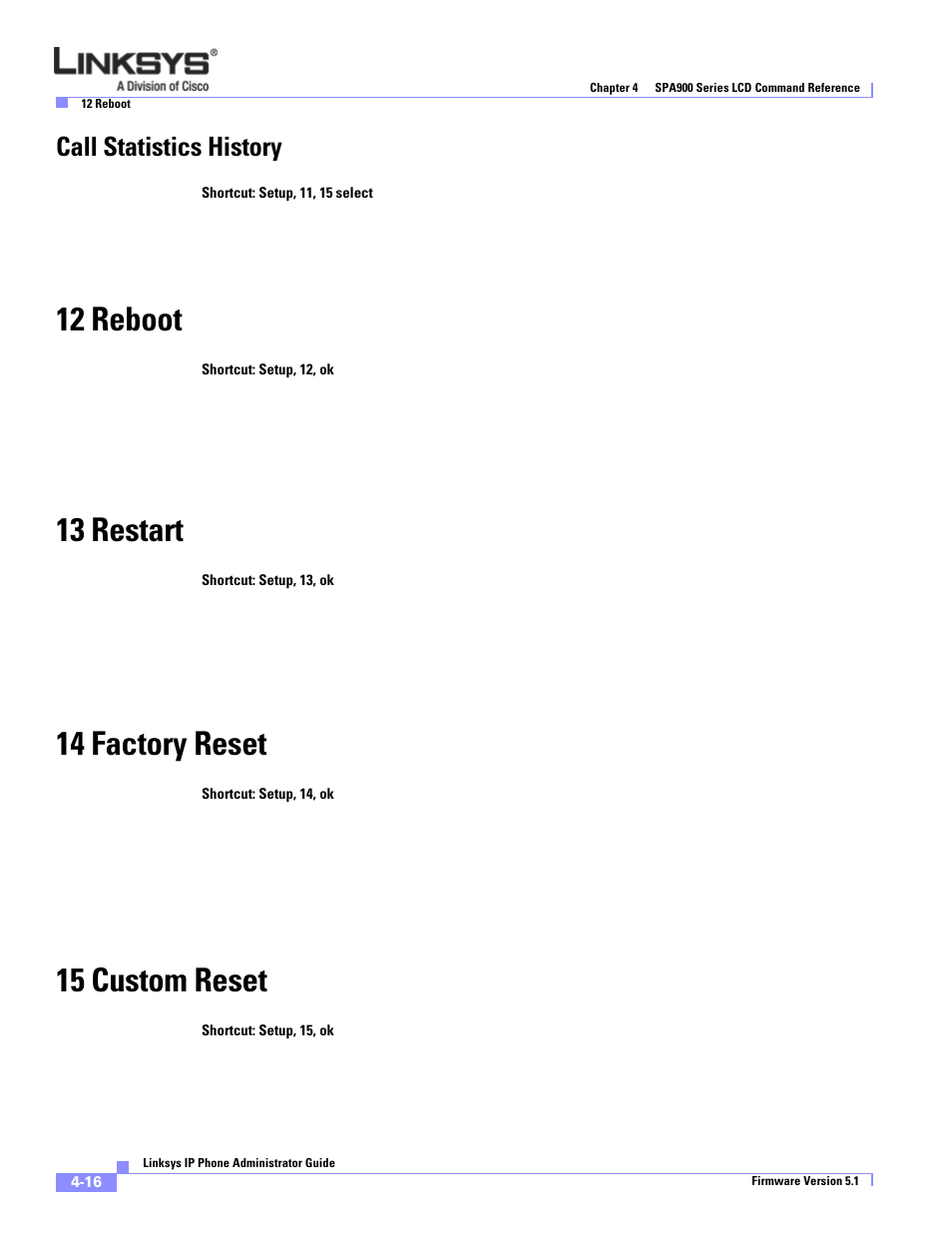 Call statistics history, 12 reboot, 13 restart | 14 factory reset, 15 custom reset | Linksys SPA 900 User Manual | Page 103 / 165