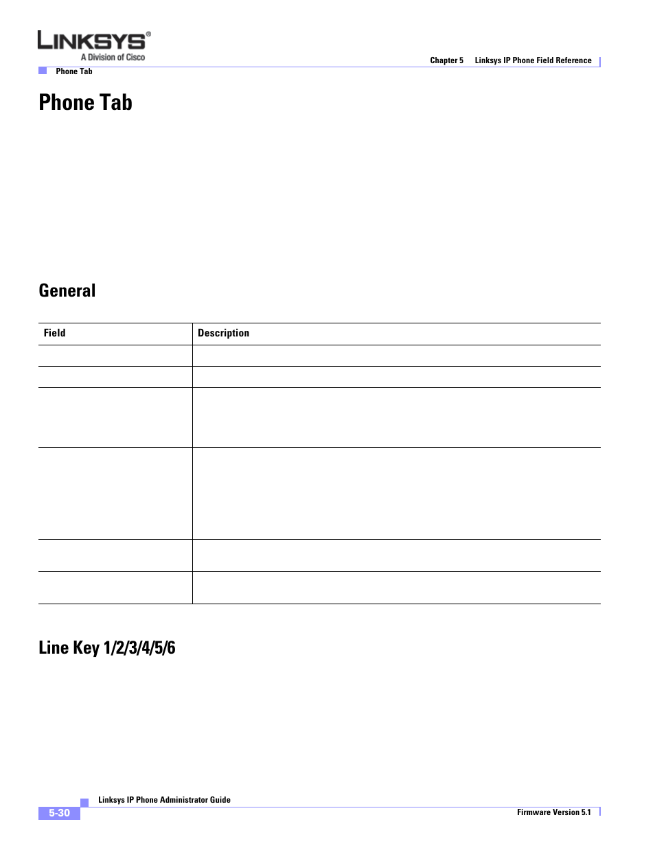 Phone tab, General, Line key 1/2/3/4/5/6 | Linksys SPA 900 User Manual | Page 135 / 165