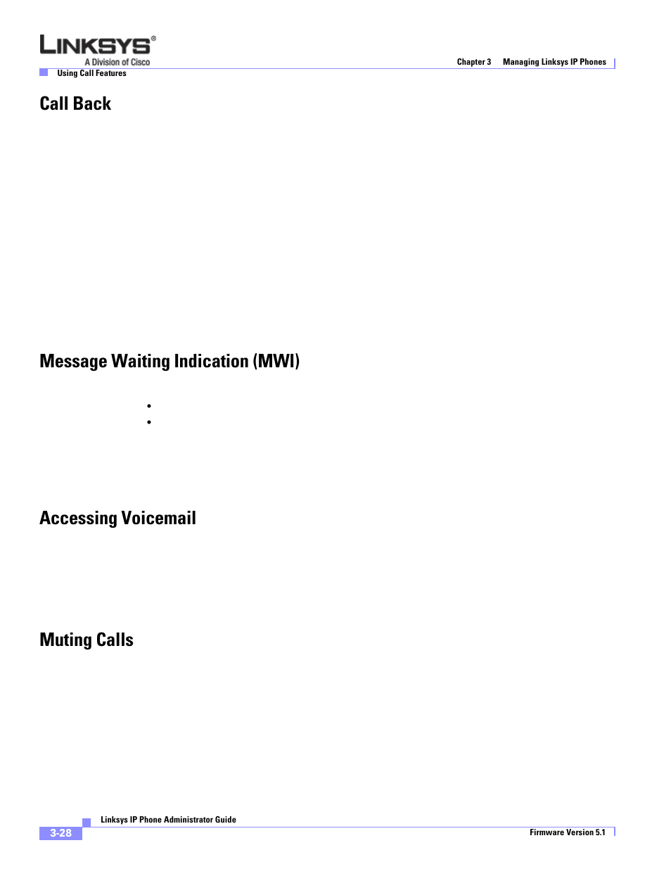 Call back, Message waiting indication (mwi), Accessing voicemail | Muting calls | Linksys SPA 900 User Manual | Page 71 / 165