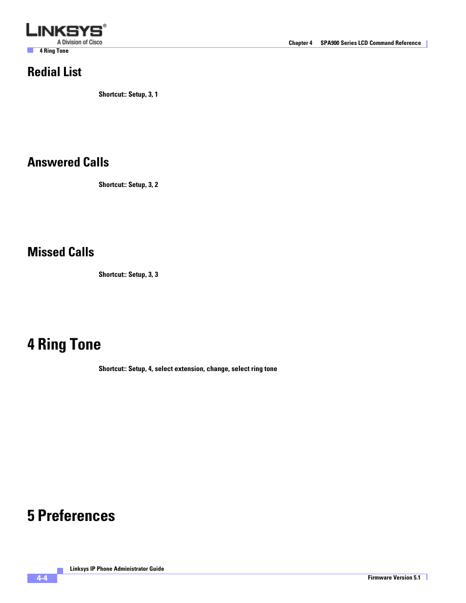 Redial list, Answered calls, Missed calls | 4 ring tone, 5 preferences | Linksys SPA 900 User Manual | Page 91 / 165