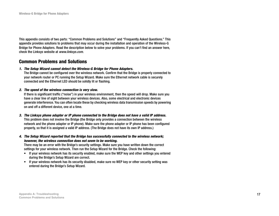 Appendix a: troubleshooting | Linksys WBP54G User Manual | Page 22 / 50