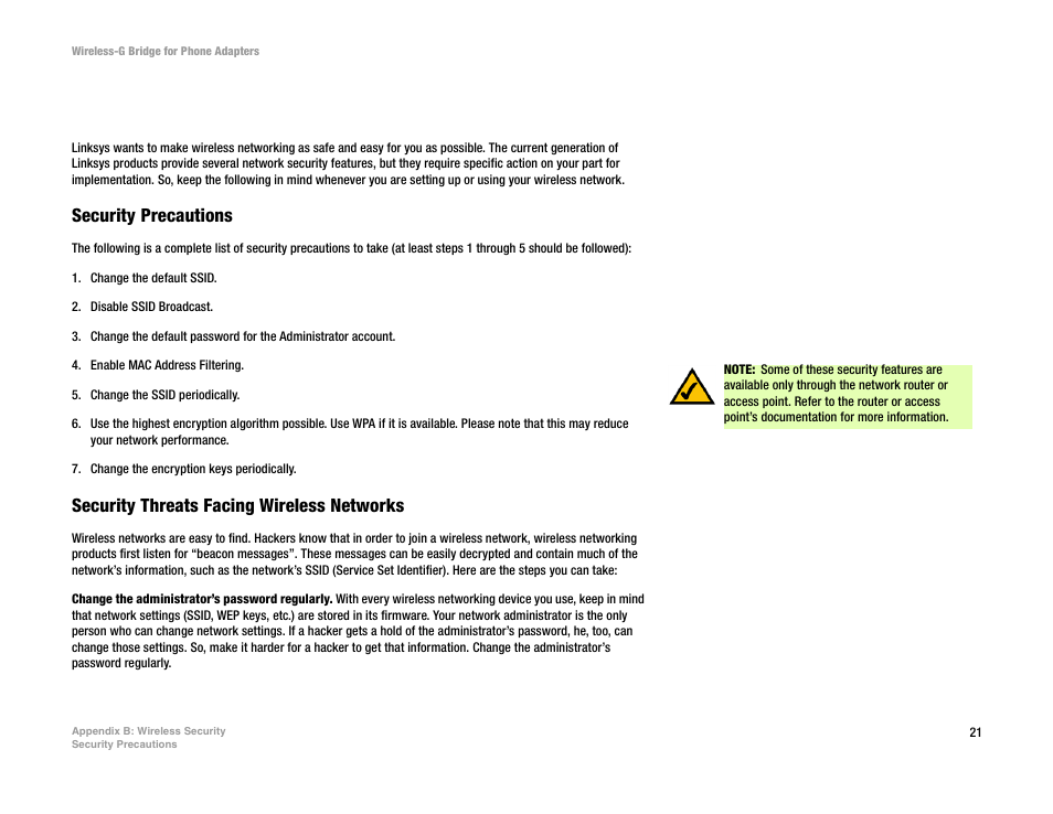 Appendix b: wireless security | Linksys WBP54G User Manual | Page 26 / 50