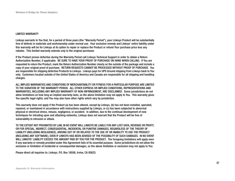 Appendix g: warranty information | Linksys WBP54G User Manual | Page 42 / 50