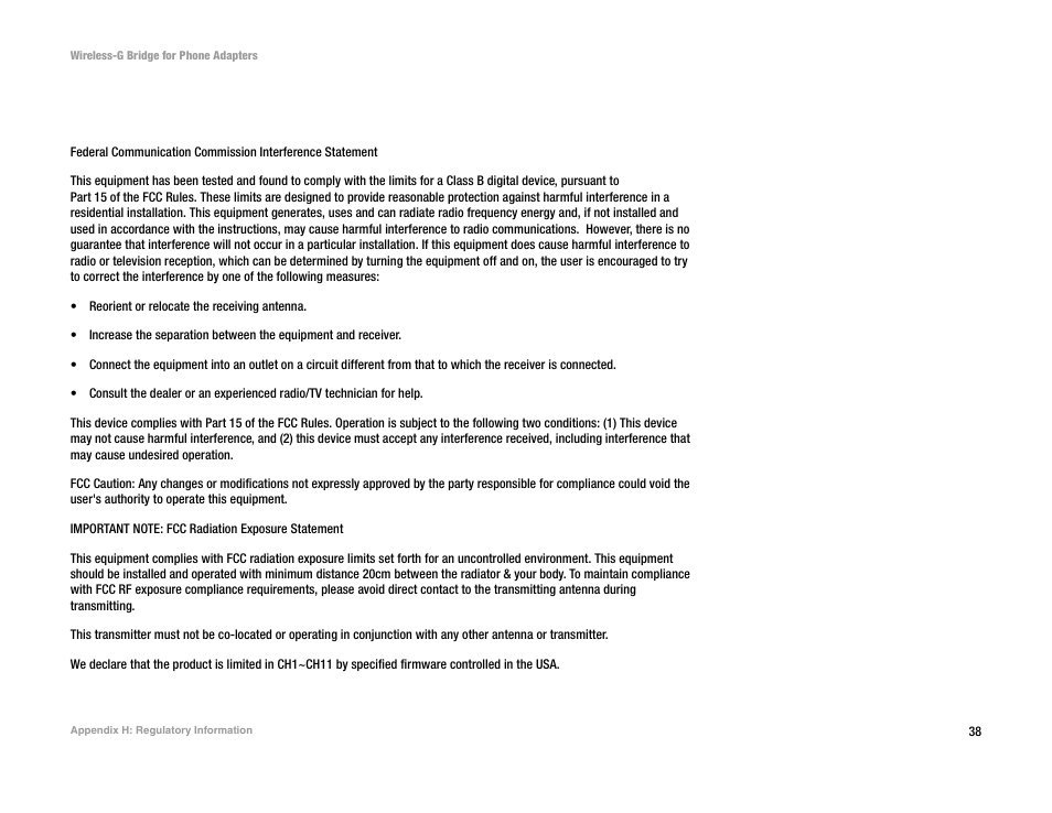 Appendix h: regulatory information | Linksys WBP54G User Manual | Page 43 / 50