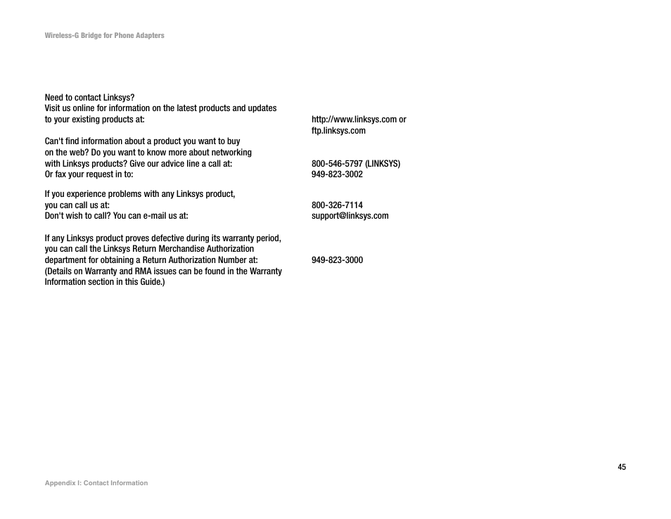 Appendix i: contact information | Linksys WBP54G User Manual | Page 50 / 50