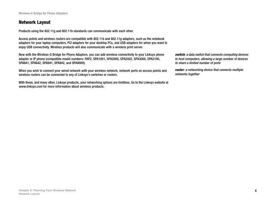 Network layout | Linksys WBP54G User Manual | Page 9 / 50