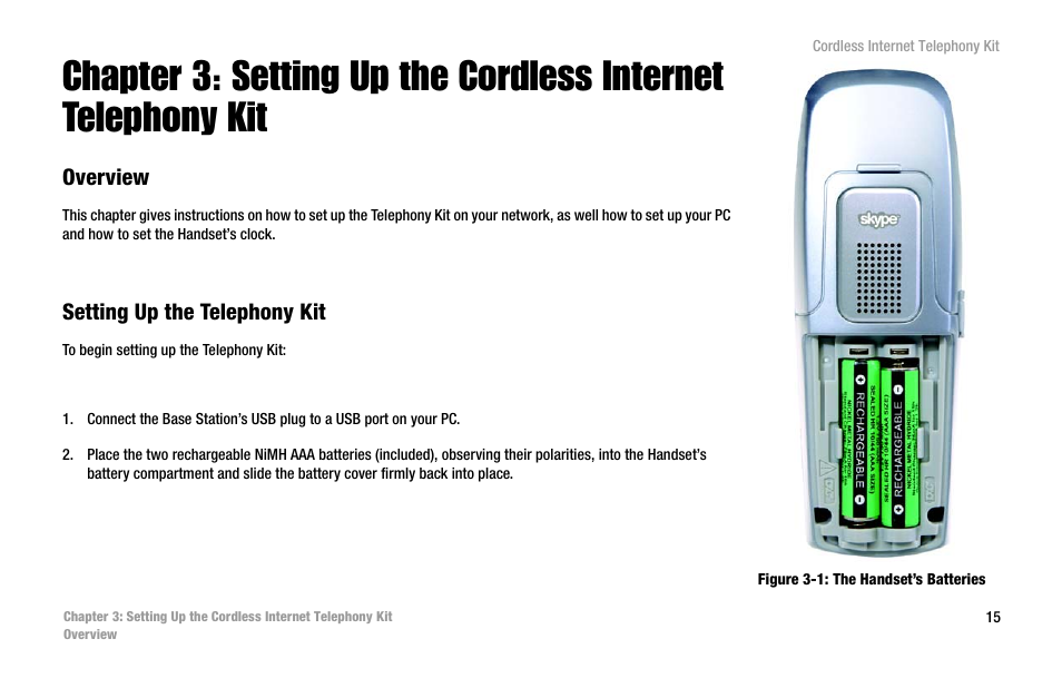 Overview, Setting up the telephony kit, Figure 3-1: the handset’s batteries | Linksys CIT200 User Manual | Page 22 / 100