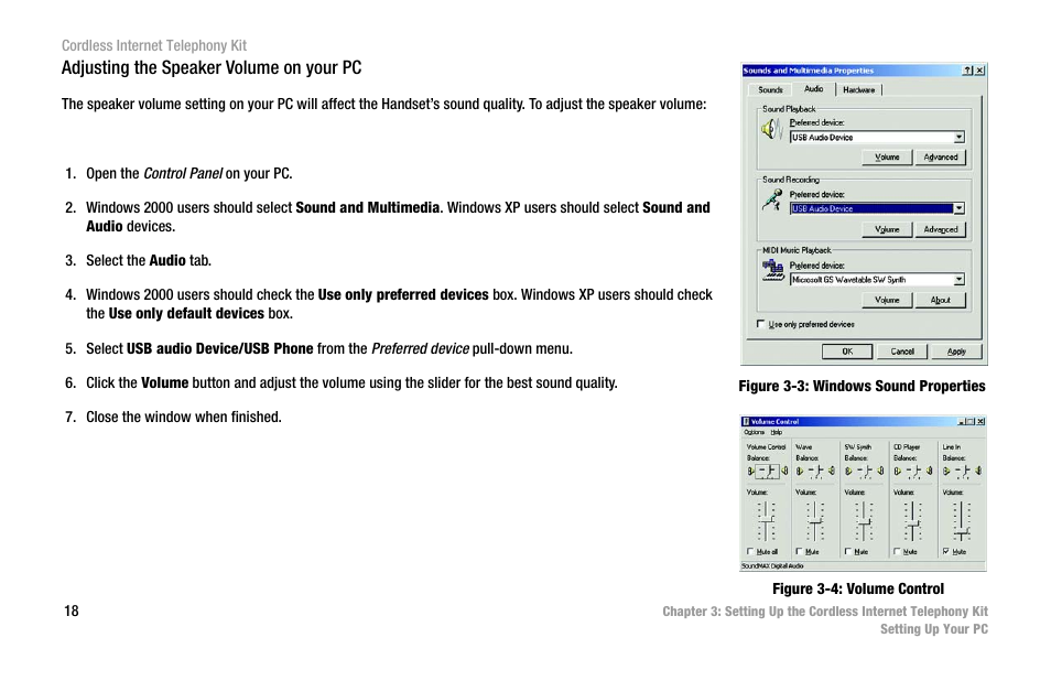 Figure 3-3: windows sound properties, Figure 3-4: volume control | Linksys CIT200 User Manual | Page 25 / 100