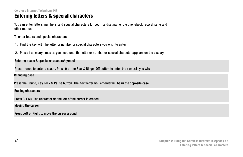 Entering letters & special characters | Linksys CIT200 User Manual | Page 47 / 100